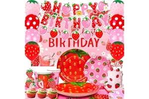 Strawberry Birthday Party Decorations, 10 Guests Strawberry Party Tableware Set Includes Pink Paper Plates Tablecloth Birthda