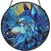 FUGWN Funny Wolf Gifts Suncatcher Window Hanging, Wolf Decor Sun Catchers Indoor Window Round Glass Wall Art Decor, Animal Lover Gifts Suncatcher Wall Hanging Decorations, 711cz-blh-wolf Patio