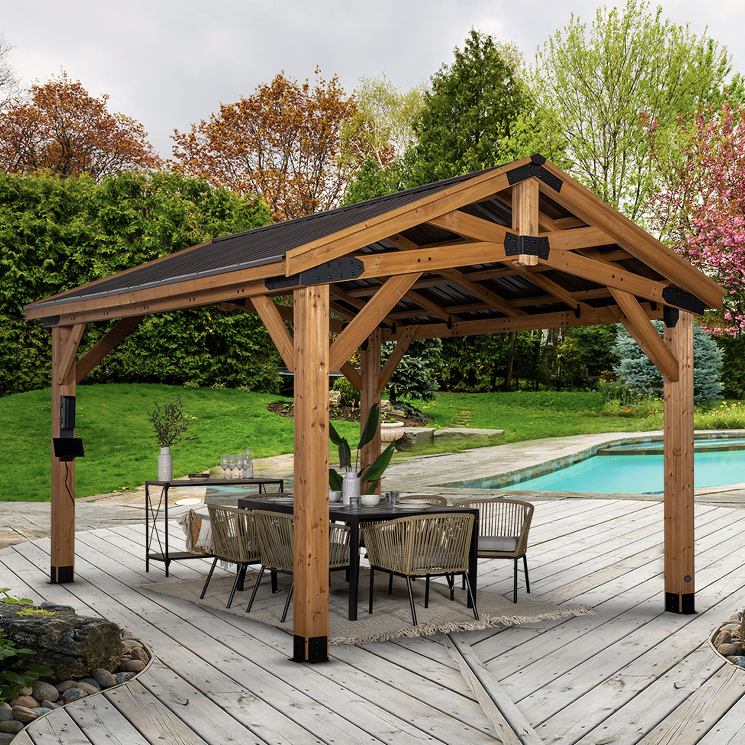 Photo 1 of Backyard Discovery Norwood 14' x 12' Cedar Wood Outdoor Gazebo Pavilion with Hardtop Galvanized Steel Peak Roof, Snow Support, Wind Resistance, PowerPort, Shade for Garden, Patio, Deck, Entertaining