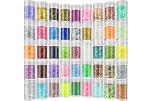 LINWULTE Holographic Chunky and Fine Glitter Mix, 45 Colors Craft Glitter for Epoxy Resin Arts, Iridescent Nail Glitter, Cosmetic Eye Hair Face Body Glitter, Glitter Flakes Sequins for Tumbler Festival Jewelry