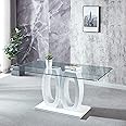Modern Rectangular Glass Dining Table, Glass Kitchen Table with Clear Tempered Glass Top & Dual O-Shaped Base Pedestal, Modern Glass Dinner Table for Dining Room Living Room (White3)