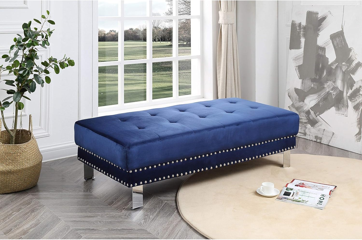 Home Navy Blue Ottoman Solid Modern Contemporary Velvet Nailheads Tufted Home & Kitchen