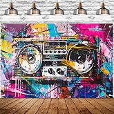 Retro Hip Hop Music Banner Bold Record Player Graffiti Print Backdrop for Street Style Birthday, Dance Party, Youth Celebration, Photo Booth Background Decoration 72x43 Inch