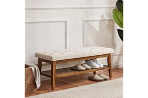HUIMO Entryway Shoe Bench, End of Bed Bench,Upholstered Button-Tufted Bench for Kitchen, Fabric Ottoman Bench for Living Room, Padded Bench with Solid Wood Shelf Beige