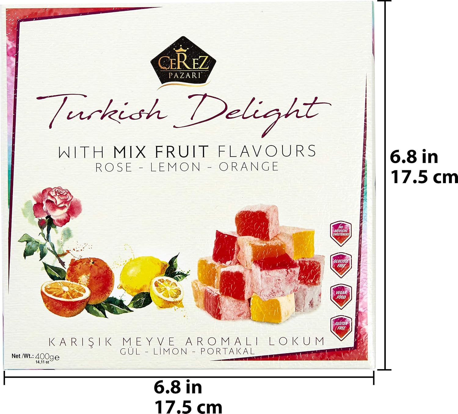 Cerez Pazari Turkish Delight with Rose, Orange and Lemon Mix Flavors (No Nuts) - Gluten Free, Glucose Free, Vegan Luxury Lokum Candy Dessert Gourmet Medium Box - Approx.40 Pcs - 14 Oz : Grocery & Gourmet Food