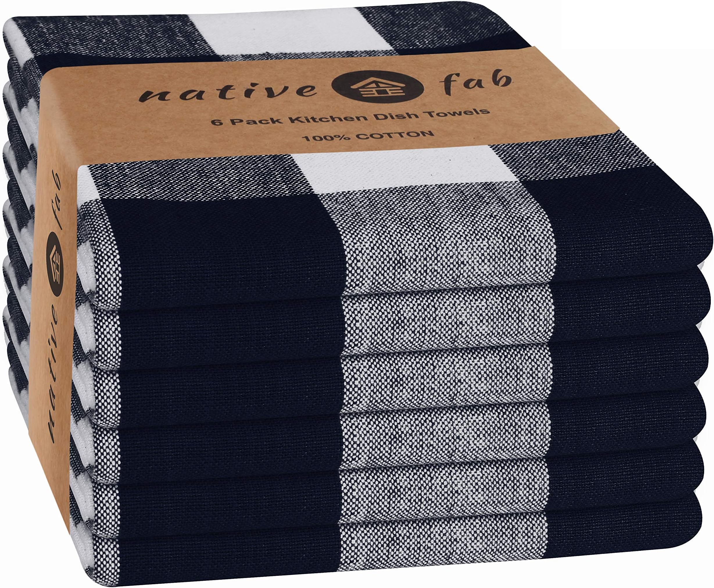Native Fab 100% Cotton Kitchen Dish Towels 16x26 Set of 6 - Absorbent Tea Towels, Dish Cloths, Restaurant Cleaning Towels, Gingham Check Buffalo Plaid Kitchen Towels with Hanging Loop, Navy Blue White