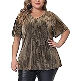 Agnes Orinda Plus Size Metallic Tops for Women V Neck Short Sleeve T-Shirt Party Top Glitter Blouses