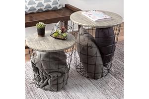 End Tables Set of 2 - Nesting Tables with Removable Wood Tops and Metal Basket Bases for Blanket Storage - Round Side Furniture for Living Room, Bedroom, or Home Office by Lavish Home (Gray/Black)