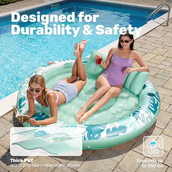 SLOOSH INFLATABLE TANNING POOL LOUNGER FLOAT, 72″ X 56″ POOL FLOATS ADULT WITH PILLOW, 4 IN 1 ROUND SUNTAN TUB RAFT FLOATIE,SUNBATHING BED LOUNGE FOR WATER BLOW UP BALL PIT PARTY GIFTS, CYAN