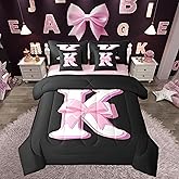 jejeloiu Kids Girls Black Pink Bow Comforter Set with Sheets Twin Size Monogrammed 7 Piece Bedding Set Personalized Initial K Bed in a Bag with Comforter,Sheets,Pillowcases Modern Fashion Bed Set