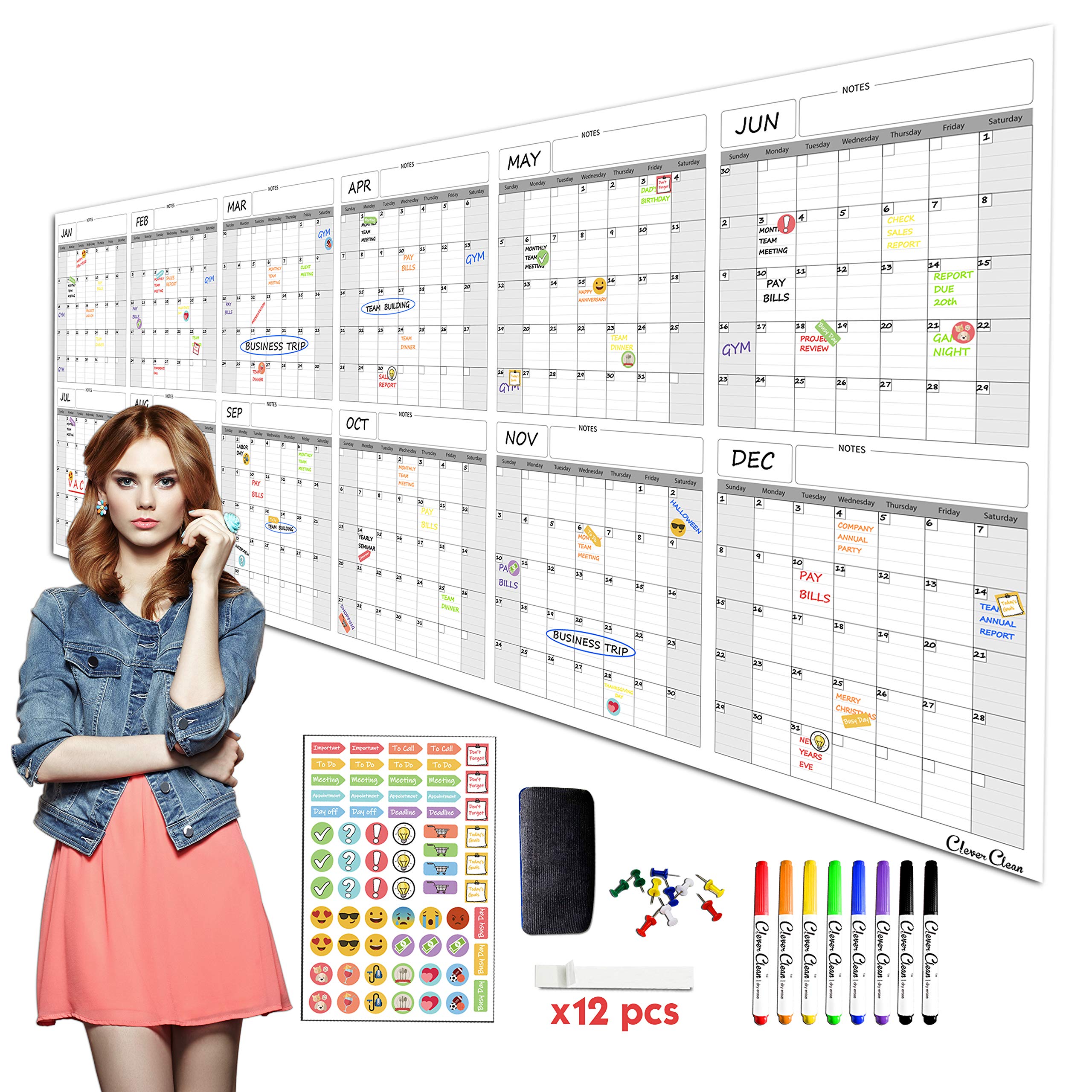 Photo 1 of ** FACTORY SEALED ** CLEVER CLEAN Large Dry Erase Wall Calendar - 36"x96" 12-month 2026 Undated Yearly Calendar for Home, Office, School Projects - Jumbo Reusable Laminated Task Organizer
