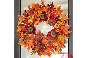 Soomeir Fall Wreath for Front Door, Autumn Maple Leaves Wreaths for Home Porch Decor, Farmhouse Pumpkin Wreaths for Outdoor Table Centerpiece Thanksgiving Halloween Harvest Festival Decor, Green