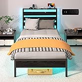J.Fkne Twin Bed Frame with Headboard, Platform Bed with LED & Charging Station, Heavy Duty Metal Slats, No Box Spring Needed, Noise Free, Easy Assembly, Black