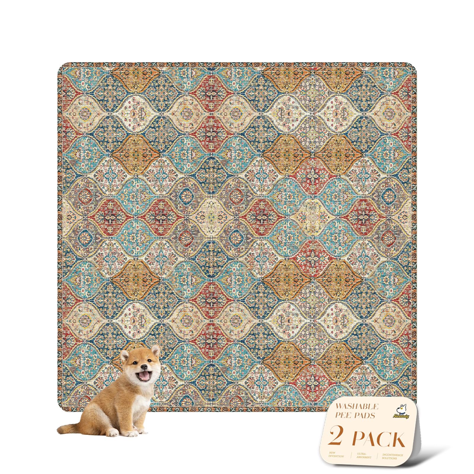 Photo 1 of nunubaby 2PACK Washable Pee Pads for Dogs, Stylish, Non-Slip and Leak-Proof Pee Pads. Reusable Potty Pads for Dogs for Crates and Floors.(Cream/Multi, 72" x72" )