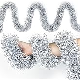 50FT Christmas Tinsel Garland Silver Metallic Twist Xmas Frosted Tip Hanging Garland for Christmas Tree Decoration Indoor Outdoor Home Holiday Party Decor