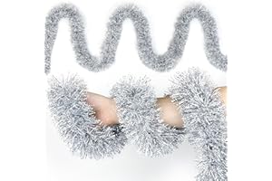 TIFESON 50FT Christmas Tinsel Garland Silver Metallic Twist Xmas Frosted Tip Hanging Garland for Christmas Tree Decoration Indoor Outdoor Home Holiday Party Decor