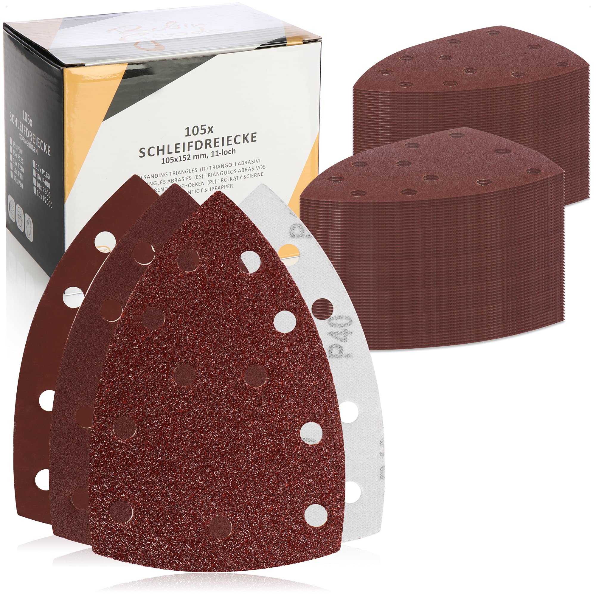 Robin Goods® 105x Sanding paper triangle sander - Sanding triangles 11 hole - Sanding sheets with 9 grit sizes - Sanding discs 105 x 152 mm (triangular - red)