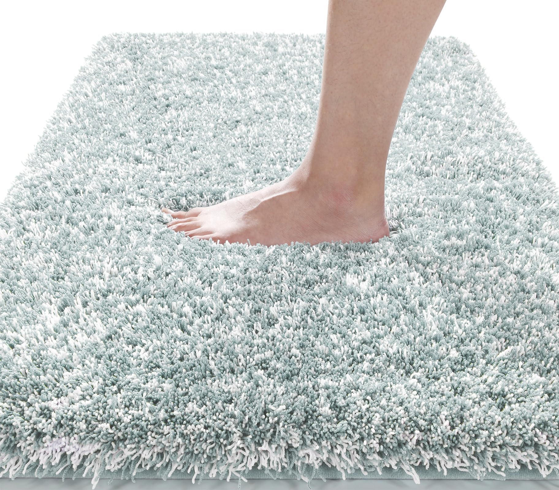 Yimobra Fluffy Plush Bath mat, Super Soft Comfortable Non Slip, Water Absorbent Microfiber Bath Mat, Machine Washable Thick Bathroom Floor Rugs for Shower, 43 x 61 cm, Light Blue and White — image 1