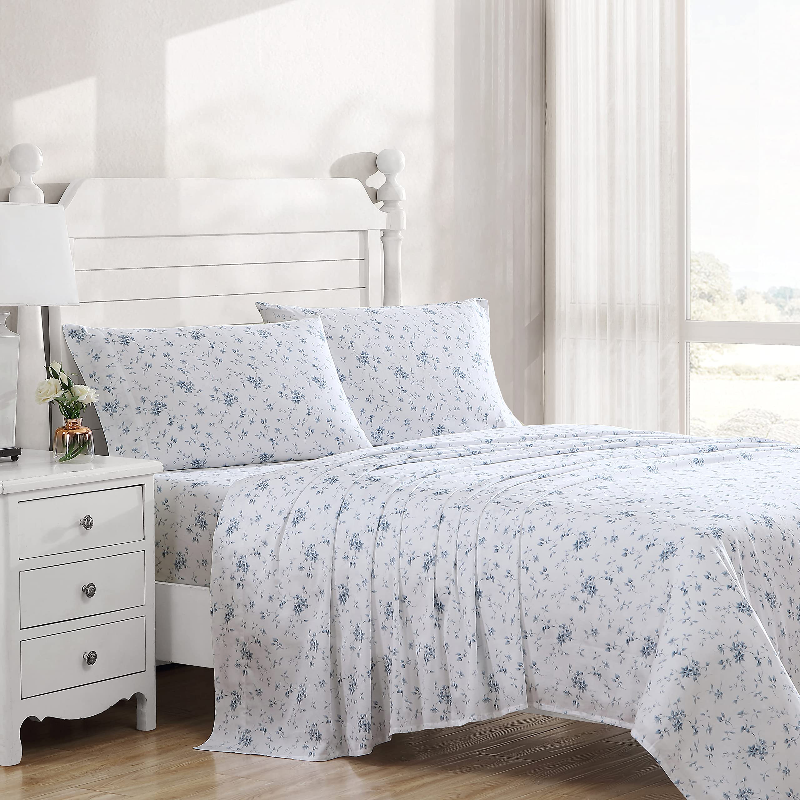 Laura Ashley Home - King Sheets, Soft Sateen Cotton Bedding Set - Sleek, Smooth, & Breathable Home Decor (Garden Muse Blue, King)