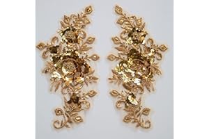 G-RUI 2pc/Pair Luxury Beaded Sequin Golden Flower Embroidery lace Appliques for Wedding Dresses Rhinestone lace Applique Patches Embroidery lace parches ropa…