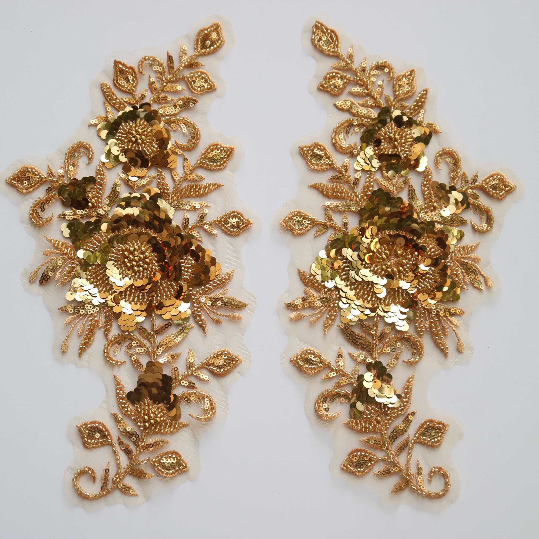Photo 1 of G-RUI 2pc/Pair Luxury Beaded Sequin Golden Flower Embroidery lace Appliques for Wedding Dresses Rhinestone lace Applique Patches Embroidery lace parches ropa…