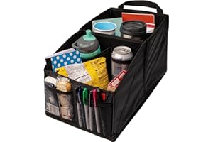 Lusso Gear Car Seat Organizer - Built-In Car Cup Holders & Mesh Pockets - Foldable Back Seat Organizer with Handles - Kids Road Trip Essentials - 9 Compartments, Black Oxford