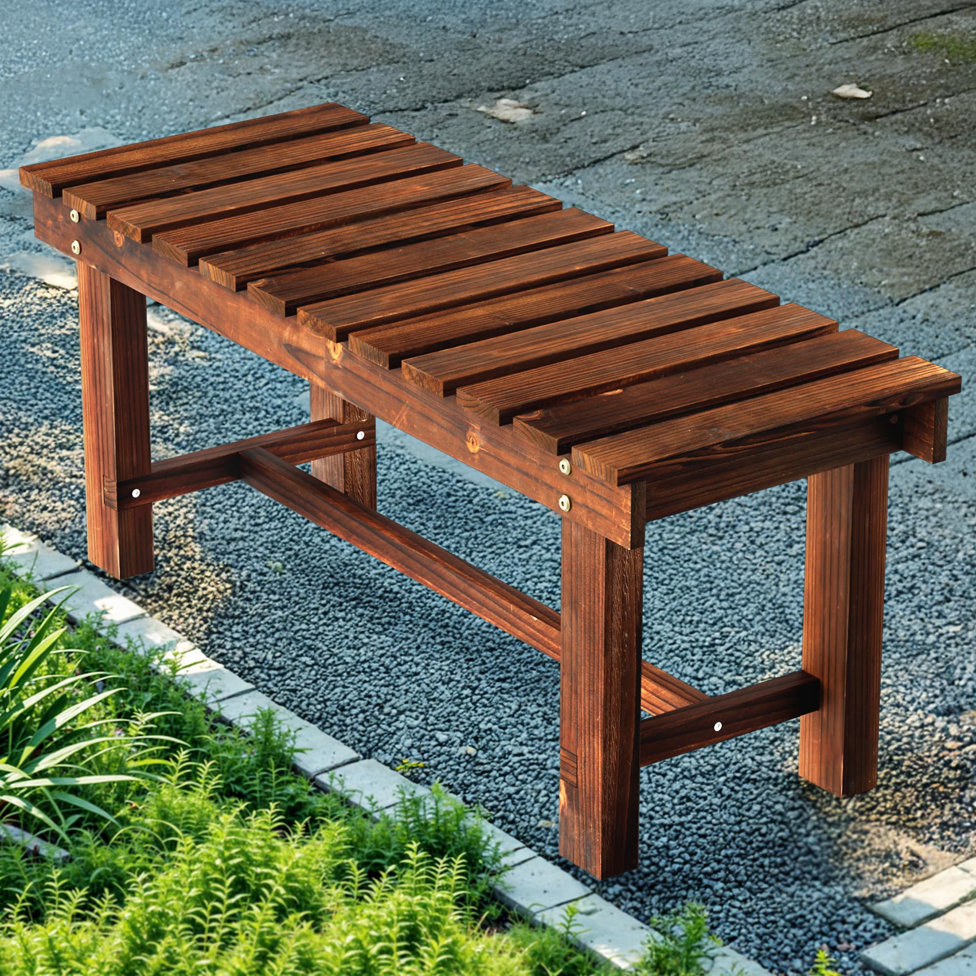 Photo 1 of 35.5" Outdoor Garden Bench, Weatherproof Patio Benches 2-Person Seat Backless Wooden Porch Bench, Multifunctional Slat All Weather Bench for Garden Lawn Porch Park Backyard (Carbonized Brown)