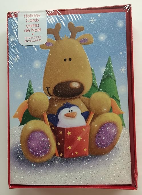 Amazon Cartes De Noelのフランス語ホリデークリスマスカード トナカイ ペンギン ボックス 16 グリーティングカード 文房具 オフィス用品