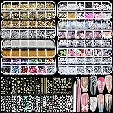 Teenitor Nail Charms Nail Stickers for Nail Art Kit, 8 Boxes Nail Rhinestones Nail Gems Pearls for Nails with 20 Sheets Nail Art Stickers, 3D Gold Nail Charms and Gems Nail Supplies Nail Art Tools