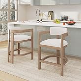 Christopher Knight Home Set of 2 Ryland Modern 26" Counter Height Bar Stools, Fabric Upholstered Counter Stools,Wooden Kitchen Island Armchair with Footrest, Round Backrest, Soft Seating,Beige+Natural