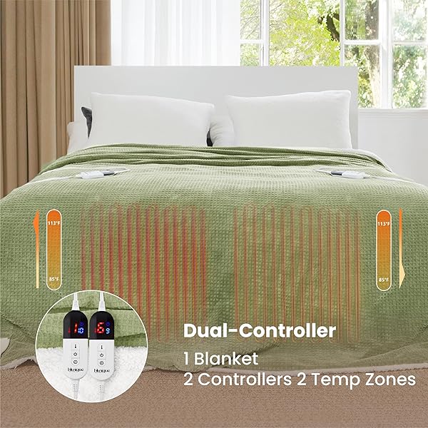 BLUNIQUE HEATED BLANKET ELECTRIC BLANKET QUEEN WAFFLE, 84X90 INCHES DUAL CONTROLLERS SHERPA FLEECE FAST HEATING BLANKET 6 HEATING LEVELS & 10 HOURS AUTO OFF ETL CERTIFICATION, SAGE QUEEN