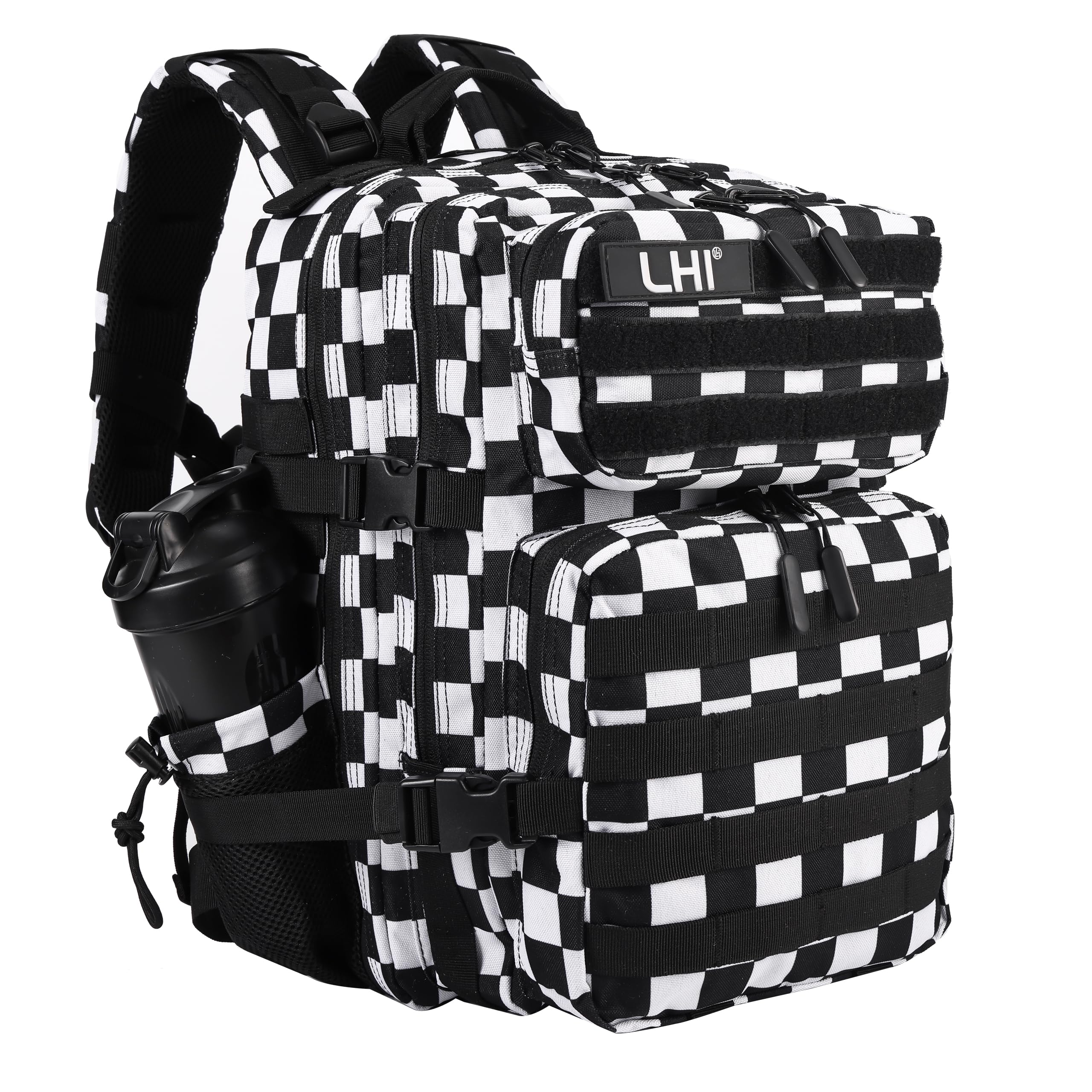 LHI Tactical Military Backpack for Men and Women 25L Army Assault Pack Bag Large Rucksack with Molle System-Black and white plaid Image
