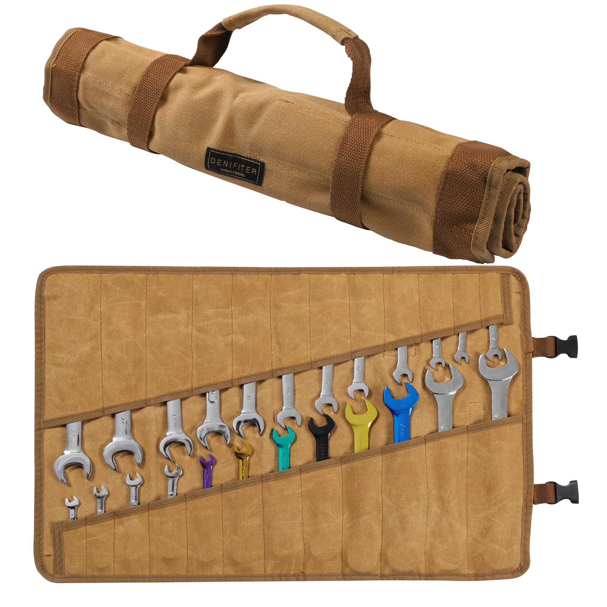 Wrench Roll Up Organizer Pouch,Heavy Duty 16oz Waxed Canvas Tool Bag, 24 Pockets Tool Roll Bag with Buckle Khaki | (L) 21.5" X (W) 16.5"