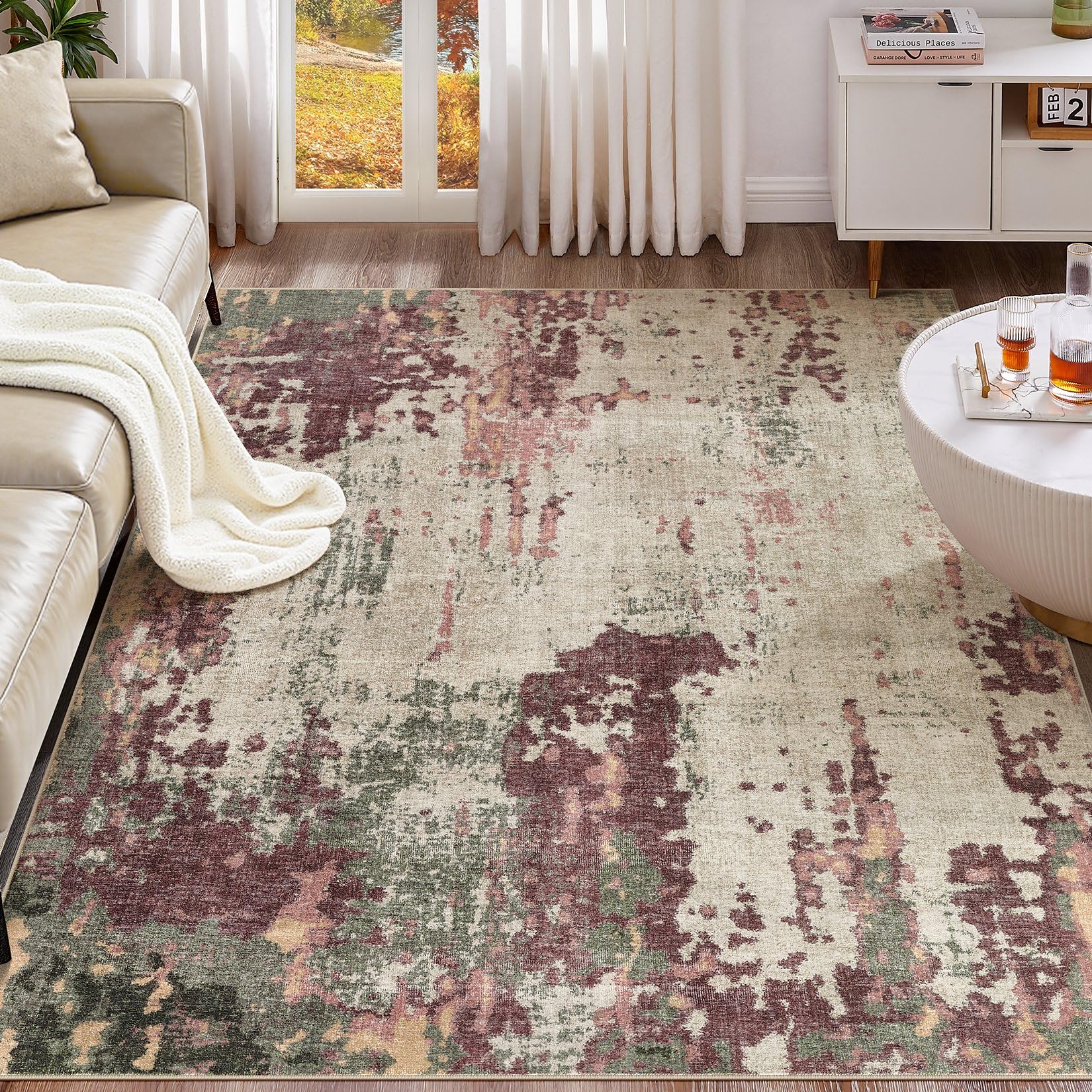 UERMEI 5x8 Area Rug Living Room Rugs - Washable Neutral Modern Abstract Soft Thin Rug Indoor Floor No Slip Rug Carpet for Bedroom Under Dining Table Home Office Decor - Purple/Green/Beige Image