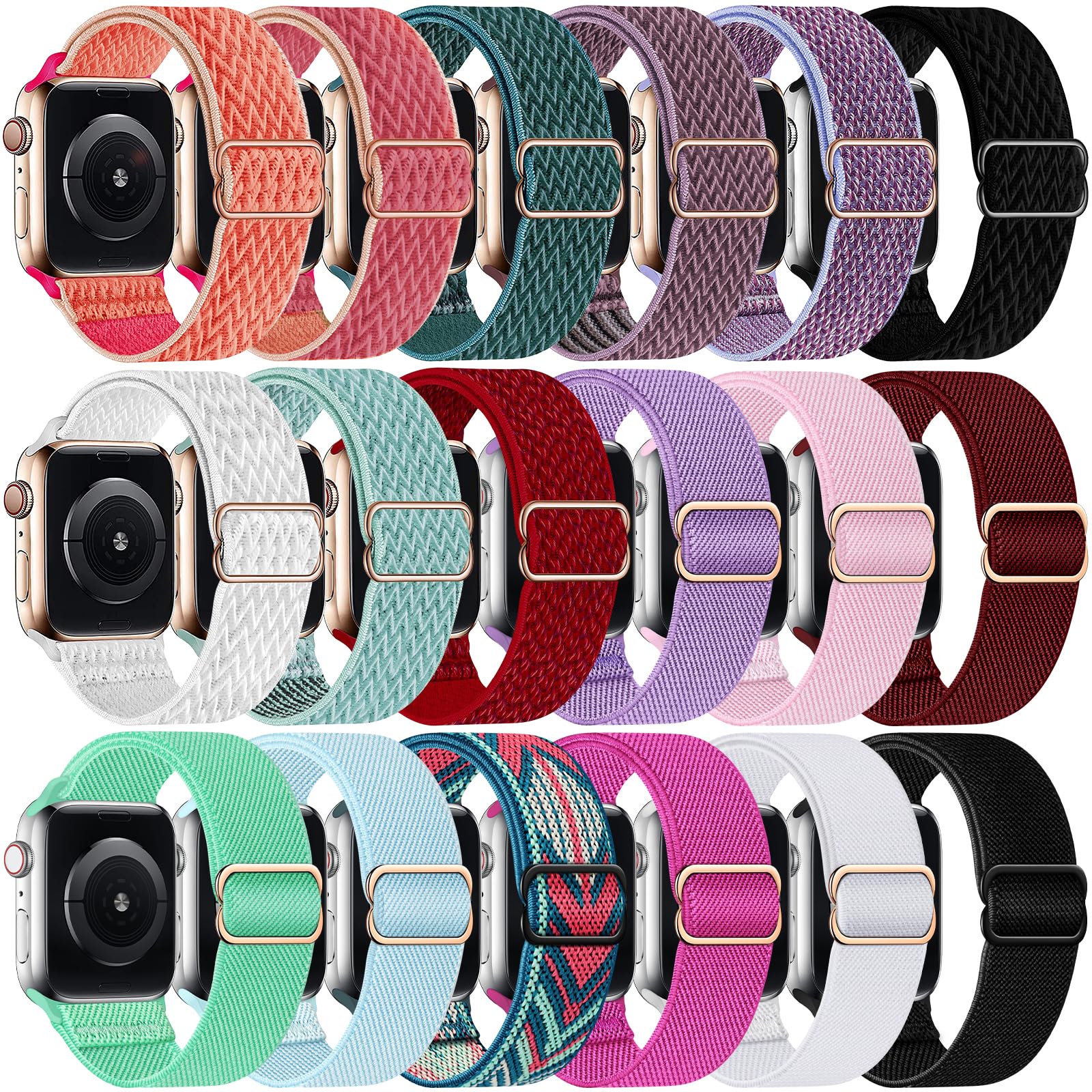 Stretchy Nylon Band Compatible with Apple Watch Band 38mm 40mm 41mm 42mm 44mm 45mm Women Men, Adjustable Sport Elastic Replacement Strap for iWatch Series 8 7 6 5 4 3 2 1 SE, 15 pack (9 Wave Bands+9