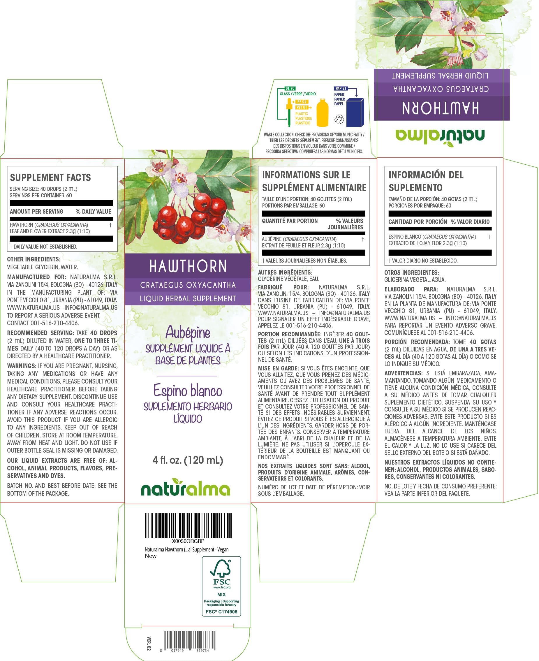 Naturalma Hawthorn (Crataegus oxyacantha) Leaf and Flower Alcohol-Free Tincture - 4 fl oz Liquid Extract in Drops - Herbal Supplement - Vegan