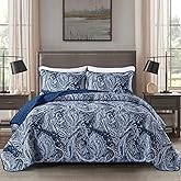 DJY Navy Paisley Quilt Set King Boho Bedspread Coverlet Set 3 Pieces, Soft Lightweight Microfiber Navy Blue Paisley Floral Pattern Bedding for All Season, 110"x90"