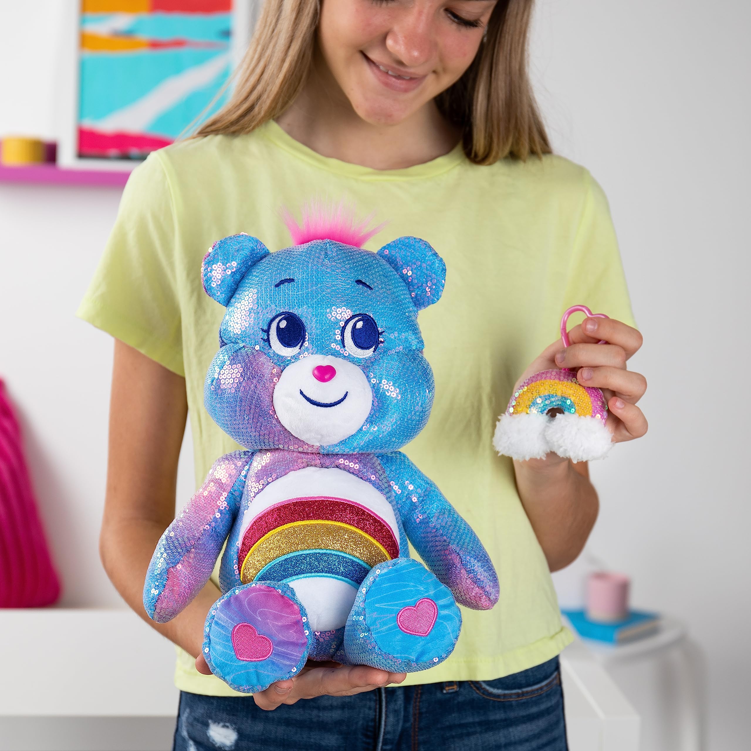 Care Bears Sequin Plush, Cheer Bear Plushie for Ages 4+ Perfect Stuffed Animal, Super Soft and Cuddly – Good for Girls and Boys, Employees, Collectors, Great Valentines Day Gift for Kids