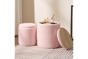 Chilihom Round Boucle Upholstered Ottoman with Storage Set of 2 Vanity Stool Foot Rest with Removable Lid Pink Tall Ottomans Chair for Living Room Pouf Footstool,Gifts