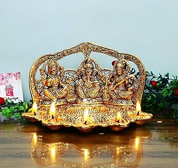 Chhariya Crafts Metal Lakshmi Ganesha Saraswati with 5 Face Diya for Home and Office (Gold_9 X 6 X 5)