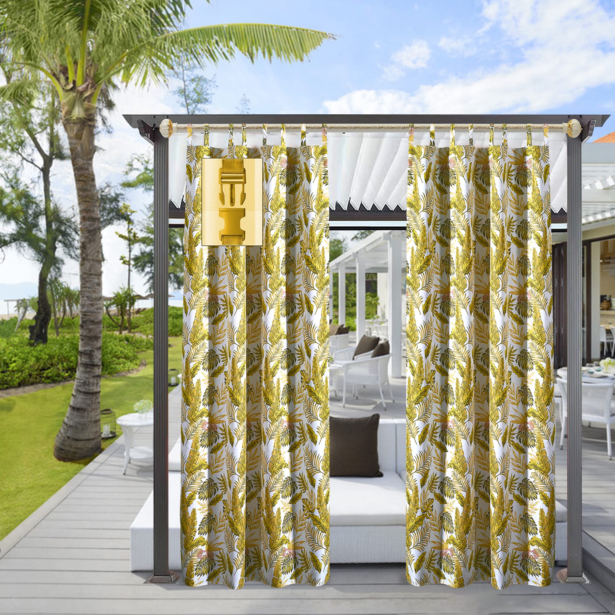 Comlax Outdoor Curtains Waterproof - 132x275 cm Tropical Leaves Printed Garden Thermal Insulation Blackout Drapes Detachable Buckle Tieback for Indoor Window and Outside Porch Pool, Balcony, Gold