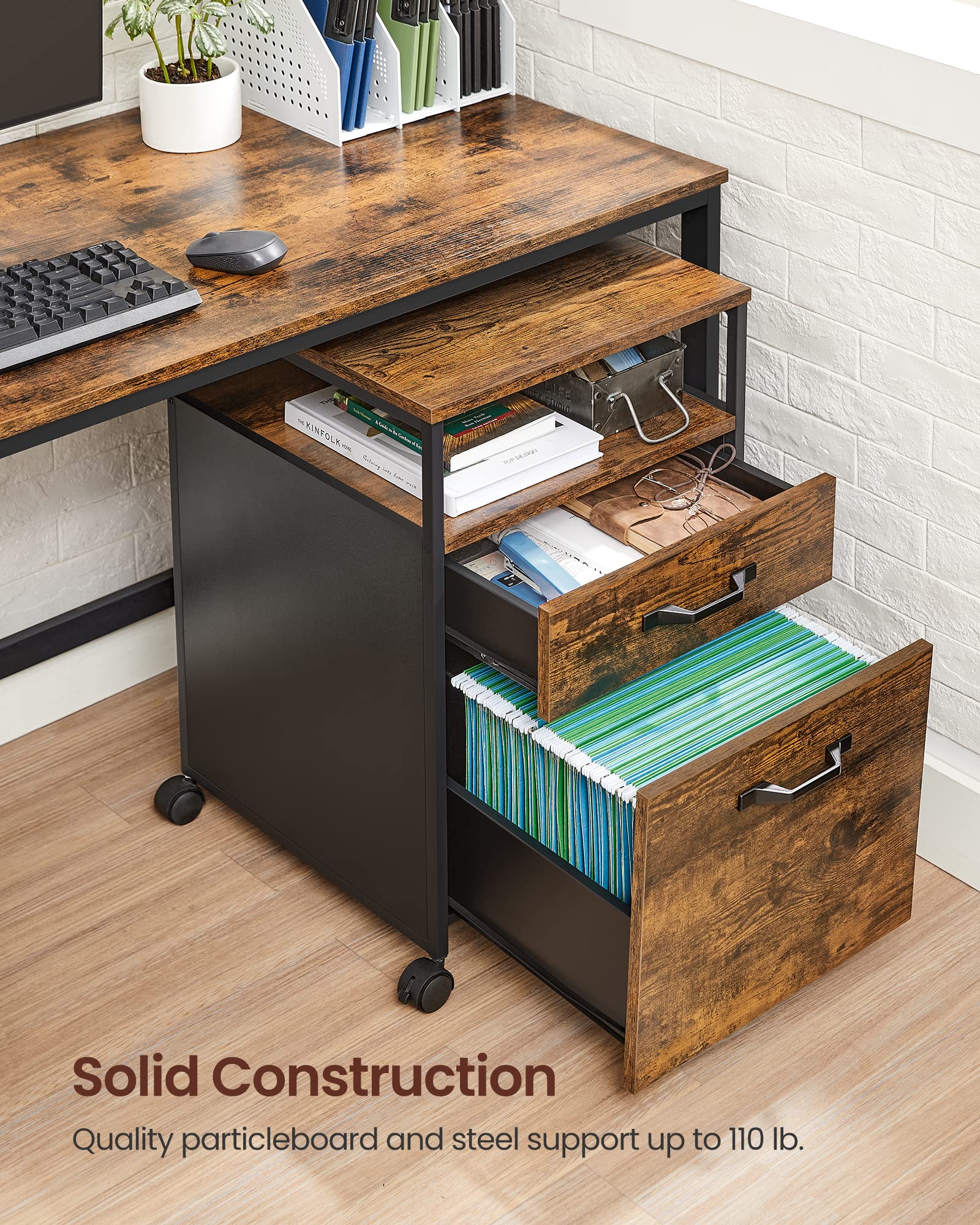 VASAGLE File Cabinet, Mobile Filing Cabinet with Wheels, 2 Drawers, Open Shelf, for A4, Letter Size, Hanging File Folders, Rustic Brown and Ink Black UOFC71X