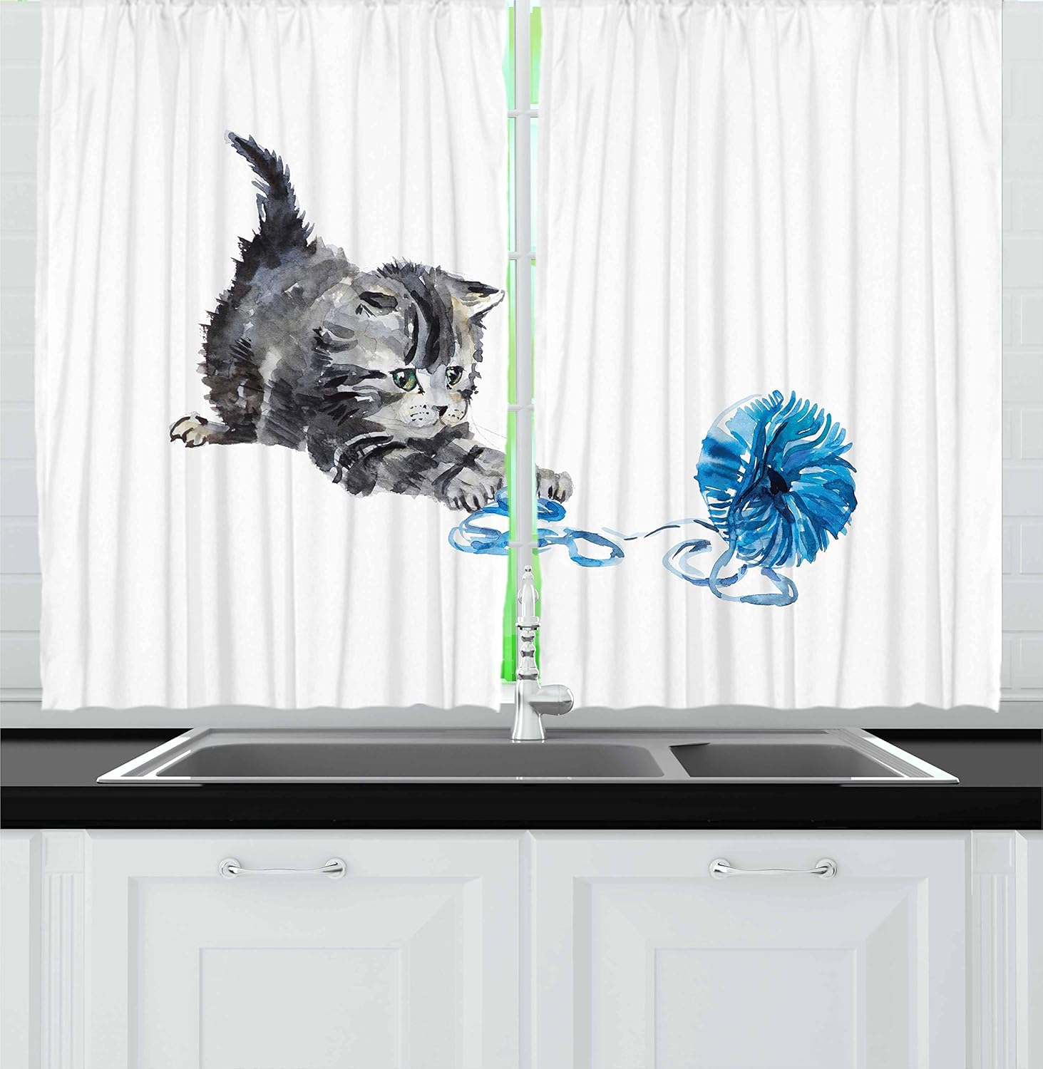 Ambesonne Cat Kitchen Curtains, Playful Baby Kitten with Ball of Yarn Furry Animal