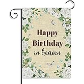 WATINC Happy Birthday in Heaven Garden Flag - Funeral Memorial Flags for Sympathy, 12 x 18 Inch Linen Yard Decorations, Grave Cemetery Farmhouse Outdoor Decor Supplies (White Flora)