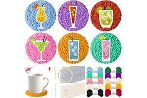 FoszaSzept Cocktail Punch Needle Coaster Kit, 22Pcs Embroidery Needle Coasters Crafts for Beginners, Easy DIY Mug Tufted Making Set with 6 Patterns Hoop Self Adhesive Felt Cloth Threading Device