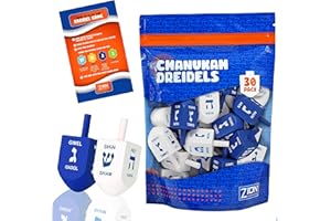 ZION JUDAICA LTD Zion Judaica Blue & White Natural Wood Dreidels with English Translation & Transliteration Bulk Pack Wooden Driedels Spinning Tops with Chanukah Game Card - 30 Pack