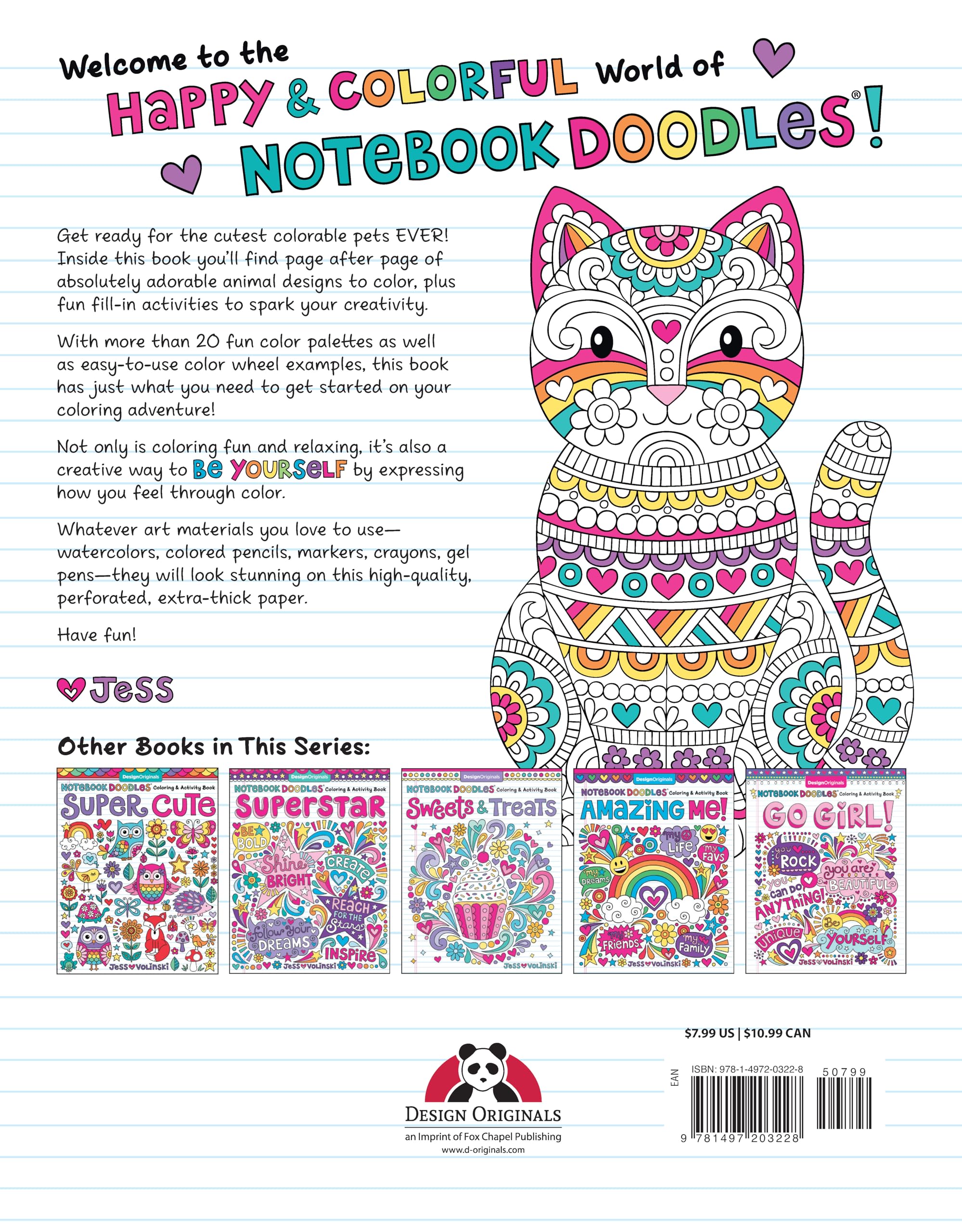 Notebook Doodles Adorable Pets: Coloring & Activity Book (Design Originals) 32 Dazzling Designs from Dogs & Cats to Hedgehogs & Hermit Crabs; Art Activities for Tweens with Color Palettes & Examples