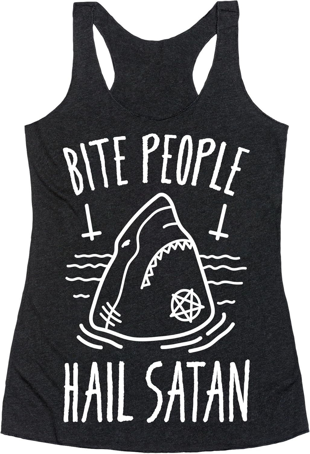 LookHUMAN Bite People Hail Satan - Shark (White) Heathered Black Women's Racerback Tank