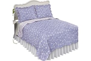 Collections Etc Reversible Floral Quilt with Scalloped Edges and Two-Tone Design, Lavender, King