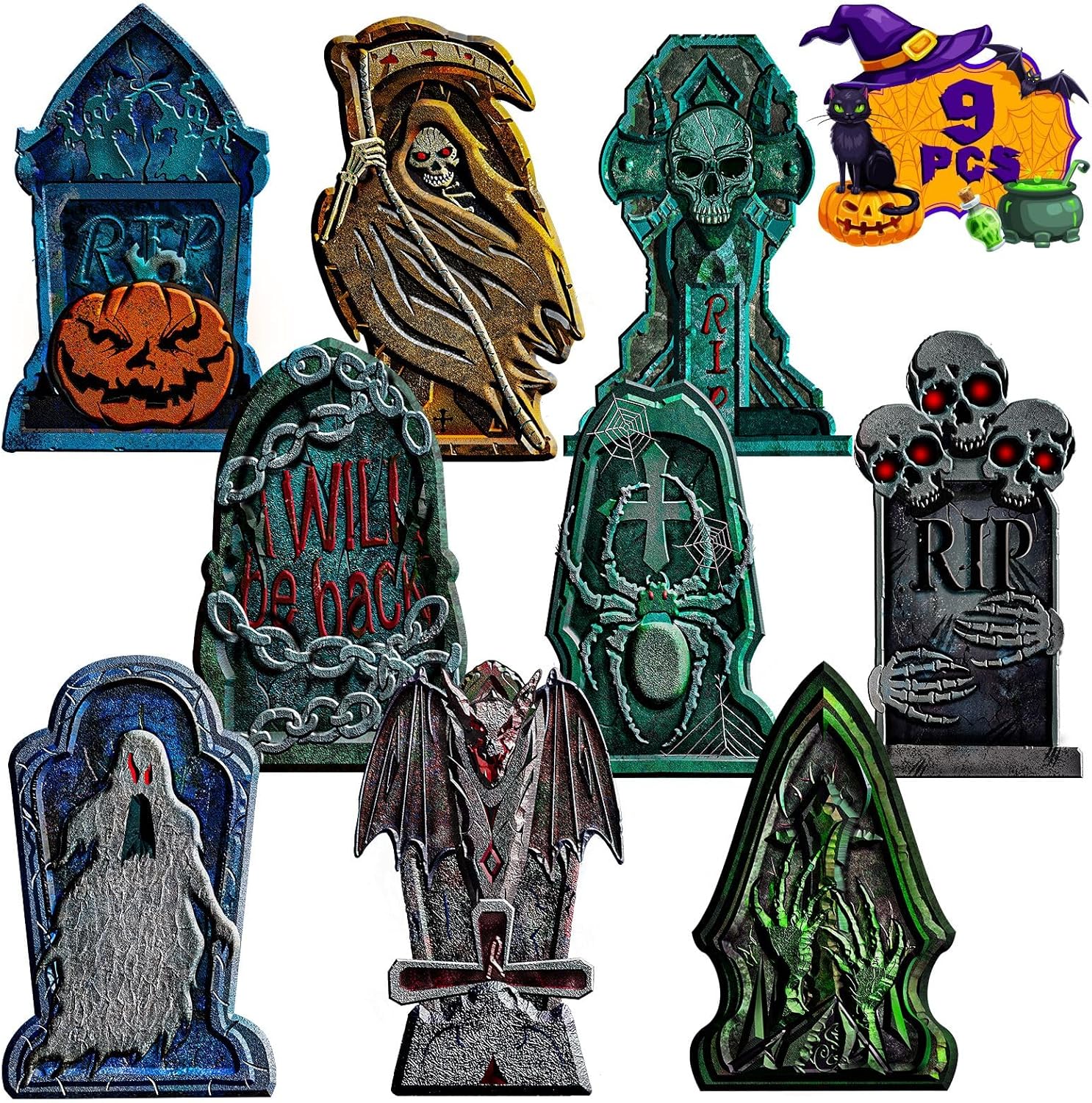 Yard Signs - 9 Pack Halloween Tombstone Yard Decorations, Outside Waterproof Graveyard Signs Decorations for Yard, Halloween Cemetary Headstone for Halloween Party, Garden Yard Decorations